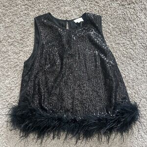 Entro Black Sequin Sleeveless Tank Top with Feather Trim Size L